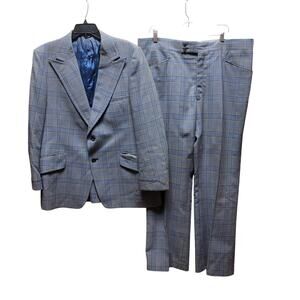 Phoenix 2pc polyester vintage suit Blazer Pants 1970s Plaid blue gray Rockabilly